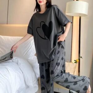 Grey Heart Print Cotton Night Suit 2Pc Medium to XL