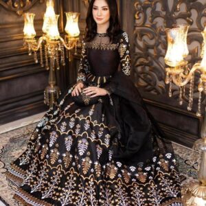 Eid Maxi Suit Black Gold Floral Katan Silk 3 Pcs