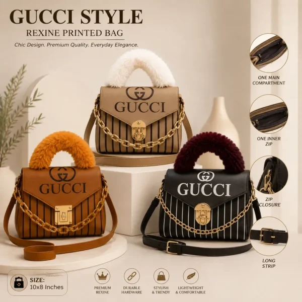 Gucci Style Rexine Printed Handbag Mustard Maroon Ivory